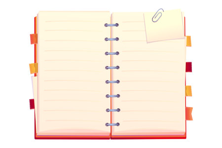 Diary, note book in cartoon style top view isolated on white background. Book with bookmarks and spiral, daily planner.のイラスト素材