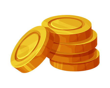 Gold coins pile, treasure, money game asset adventure or pirates in cartoon style, shiny money heap isolated on white background.のイラスト素材
