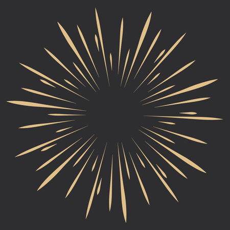 Golden Fireworks, rays, sunburst frames circle border decoration, sparkle in doodle style, line sketch explosion isolated on dark background.のイラスト素材
