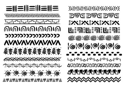 Set african tribal motive border in doodle hand drawn style from geometrical shapes isolated on white background. boho scandinavian srtoke, traditional native decor.のイラスト素材