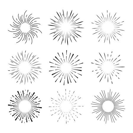 Set Fireworks, rays, sunburst frames circle border decoration, sparkle in doodle style, line sketch explosion isolated on white background.のイラスト素材