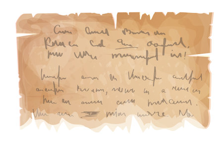 Parchment paper, torn pieces, old sheetwith unreadble scrit in cartoon style, textured empty note isolated on white background. Game ui elementsのイラスト素材