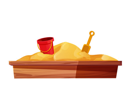 Wooden sandbox with sand pile in cartoon style, playground for kirs outdoor isolated on white background.のイラスト素材
