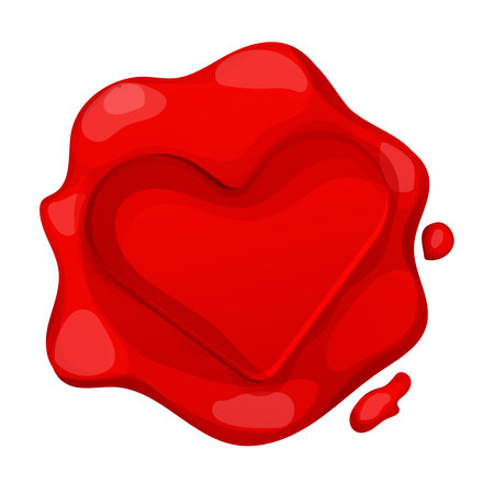 Romantic red wax seal heart shape in cartoon style isolated on white background. Holiday stamp, love letter decoration.のイラスト素材