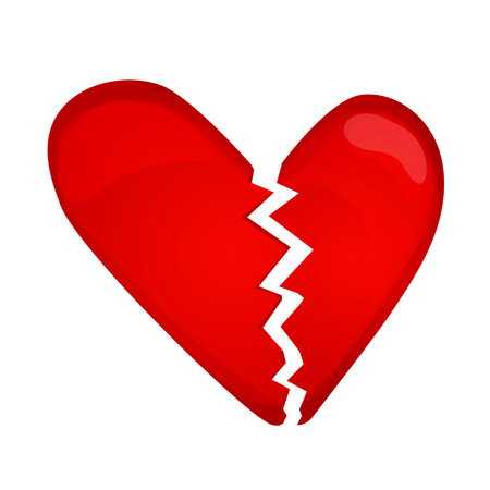 Red heart breakdown, unlove symbol, heartbreak in cartoon style isolated on white background. Sad crack emoji iconのイラスト素材