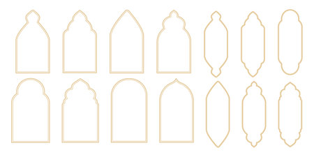 Set Islamic arch frame golden minimal line border isolated on white background. Boho gold muslim door, window decoration.のイラスト素材