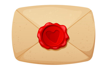 Romantic envelope, love letter parchment paper with wax seal heart in cartoon style isolated on white background. Valentines day holidayのイラスト素材