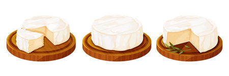 Set Camembert cheese, brie french soft creamy food on wooden tray with rosemary in cartoon style isolated on white background.のイラスト素材