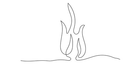 Fire line art continuous, bonfire doodle isolated on white background. Simple Burning flameのイラスト素材
