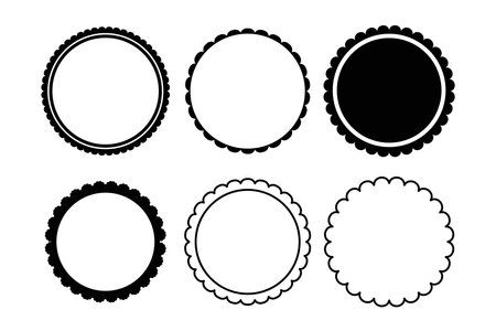 Scalloped round badge or emblem, simple frame decoration icolated on white background. Stamp, wavy clip artのイラスト素材