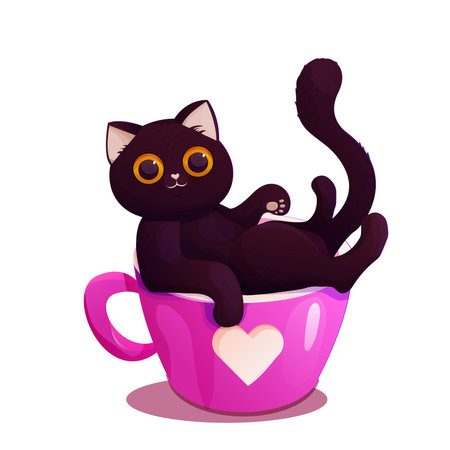 Black funny cat in pink cup with heart, cute cartoon character waving pet. Adorable love card, kitten in mug.のイラスト素材
