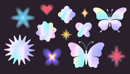 Holographic y2k future metal butterfly badge, stamp, trendy colored sticker set heart and abstract shapes. Silver foil tag collectionのイラスト素材