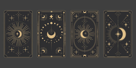 Set tarot frame border with golden celestial elements, esoteric astrology mystery ornament with moon, star isolated on dark background.のイラスト素材