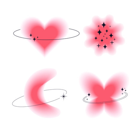 Aura Y2k blurred gragient set unfocused shapes vith line decoration, abstract geometric shapes, star, heart, flower in trendy retro style. Futuristic collectionのイラスト素材