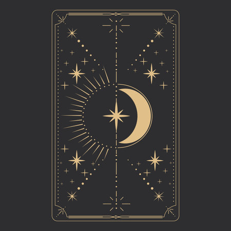 Set tarot frame border with golden celestial elements, esoteric astrology mystery ornament with moon, star isolated on dark background.のイラスト素材