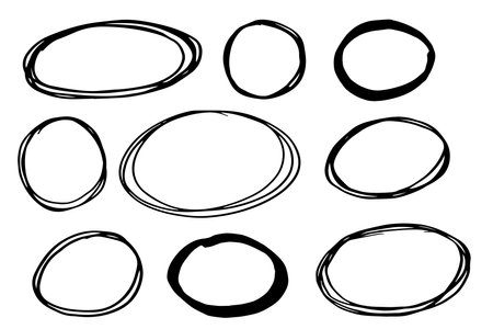 Highlight circle frame cadre, edge grunge border, mark check or text box textured isolated on white background. Hand drawn decorative stroke, vintage sketch iconのイラスト素材