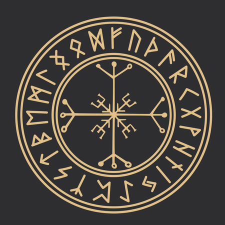 Rune circle gold Icelandic celtic viking talisman Navigation Compass, frame occult amulet, tribal norse writng isolated on dark background.のイラスト素材