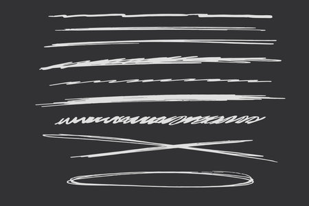 Strikethrough underlines, set chalk stroke, marker lines grunge curve, wvy free hand marks textured simple borders isolated on dark background. Creative collection scribble brush or crayon checksのイラスト素材