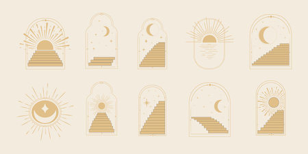 Set arch window thin line frame celestial, mystic with staircase, astrology symbols moon and sun, line border, minimal tattoo isolated. Esoteric spiritual icon.のイラスト素材