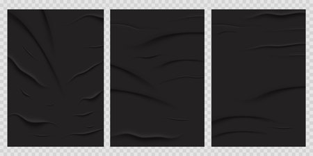 Black paper glued, crumpled or wet with wrinkles, blank sheet grunge sticker isolated on background. Advertising posterのイラスト素材