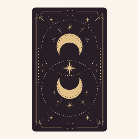 Tarot reverce border card frame gold line border celelstial mystery esoteric decoration with stars and moon. Magic sacred coverのイラスト素材