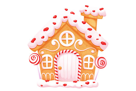 Gingerbread house with wonder door and windows cute ornament and sweets in cartoon style isolated on white background.のイラスト素材