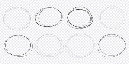 Circle scrible circular frame, fast mark, pencil line doodle frame. Ring, oval sketch highlight sphere on transparent background.のイラスト素材