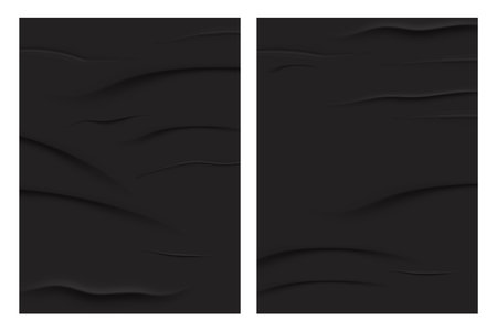 Black paper glued, crumpled or wet with wrinkles, blank sheet grunge sticker isolated on background. Advertising posterのイラスト素材