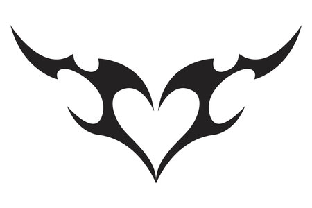 Neo tribal heart y2k aesthetic tattoo gothic cover, fire or wings abstract silhouette isolated on background. Divider, border, cyber body ornament, neotribal web goth decorationのイラスト素材