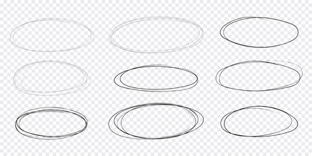 Circle scrible circular frame, fast mark, pencil line doodle frame. Ring, oval sketch highlight sphere on transparent background.のイラスト素材