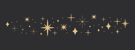 Golden celestial star border, sparkle divider, festive shiny space elements, festive lights on dark background. Holiday decorationのイラスト素材