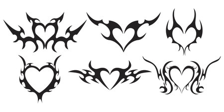 Neo tribal heart y2k aesthetic tattoo gothic cover, fire or wings abstract silhouette isolated on background. Divider, border, cyber body ornament, neotribal web goth decorationのイラスト素材