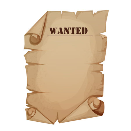 Wanted parchment paper banner, poster template wild west reward flyer isolated on white background. Aged frame, rustic western award, search sign, sheriff criminal notice with grunge paper textureのイラスト素材