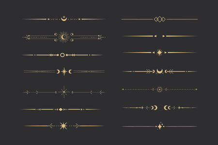 Golden divider celestial border with stars moon and sun thin line elegant simple decoration, mystic tarot separator, minimalist magic gold design element on dark backgroundのイラスト素材