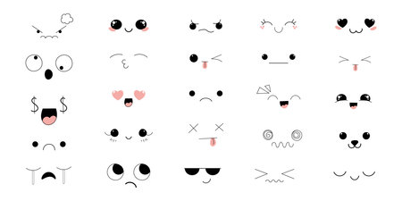 Kawaii Style Faces manga anime emotions, comic expressions, cute eyes collection isolated on white background. Doodle smiley mood design elements,のイラスト素材