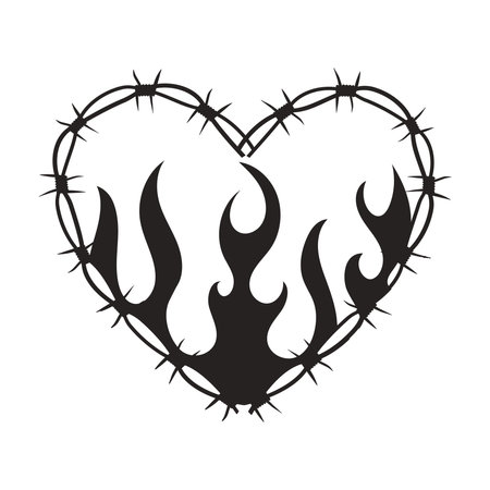 Wire Barb heart frame y2k tattoo border with flame silhouette gothic spiky punk print neo tribal isolated on white background. Barbwire emo boundary heart shape.のイラスト素材
