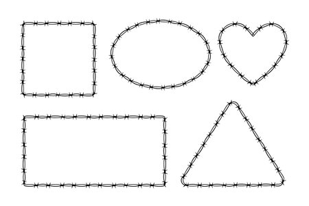 set Wire Barb heart, oval, rectangle frames y2k tattoo border gothic spiky punk print isolated on white background. Barbwire emo boundary shapes.のイラスト素材