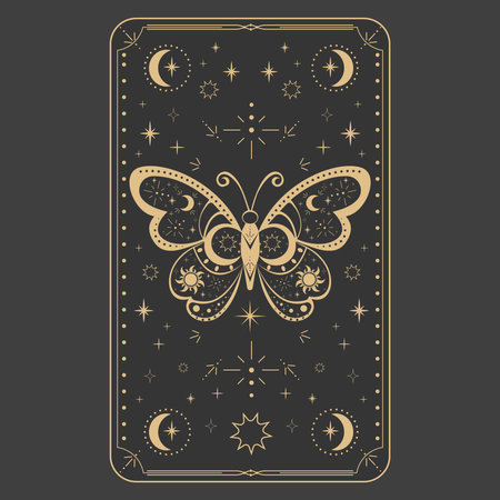 Tarot reverce butterfly cover celelstial mystery esoteric decoration card frame gold line border with moth stars and moon on dark background.のイラスト素材
