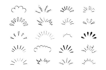 Pop line frame comic anime effect healine mark, suprise doodle emotions isolated on white background. Attention sign, notice or sparles.のイラスト素材