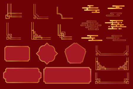 Set Asian corner, golden traditional knot border ancient ornament, vintage frames clouds isolated on background. Golden elegant line decoration.のイラスト素材