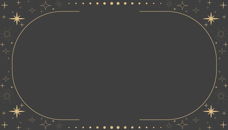 Golden celestial minimal esoteric frame, thin line border, mystyc linear decoration with dots, moon, stars corners isolated on dark background. Geometric shape, tarrotのイラスト素材