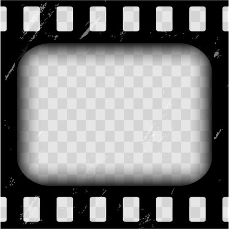 Old cinematic frame, video film strip. Retro vintage tape empty template with slide. Tape border, grunge textured silhuette. Video photo reel on transparent backgroundのイラスト素材