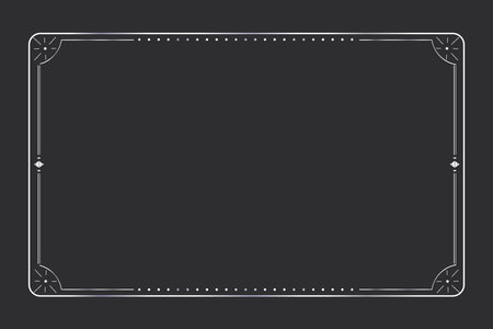 Silver celestial minimal esoteric frame, thin line border, mystyc linear decoration with dots, moon, stars corners isolated on dark background. Geometric shape, tarrotのイラスト素材