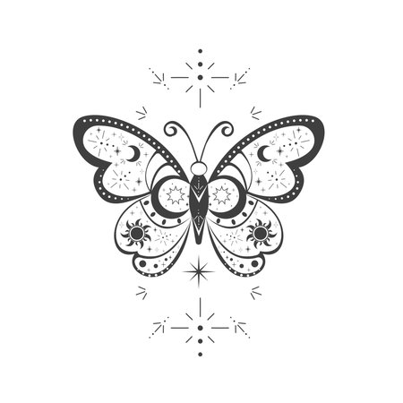 Magic sacred decoration esoteric tattoo moth or butterfly dark line, border celelstial mystery esoteric decoration with moth or butterfly, sun, stars and moon on white background.のイラスト素材