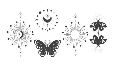 Magic sacred decoration esoteric tattoo moth or butterfly dark line, border celelstial mystery esoteric decoration with moth or butterfly, sun, stars and moon on white background.のイラスト素材