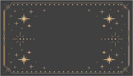 Golden celestial minimal esoteric frame, thin line border, mystyc linear decoration with dots, moon, stars corners isolated on dark background. Geometric shape, tarrotのイラスト素材