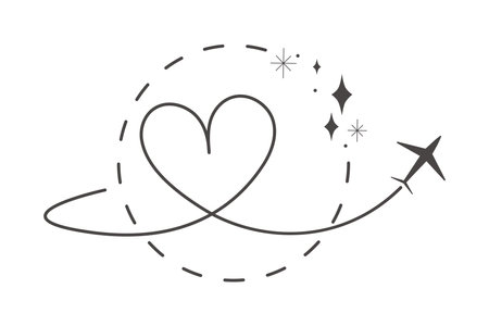 Itinerary dashed trace, line airplane flight, dotted path, aircraft tracking simple minimal trip isolated on white background. Plan with start point. Tattooのイラスト素材