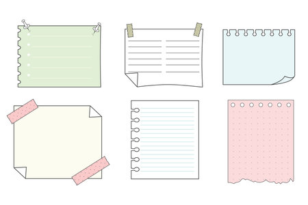 Memo sticky notes, sheet reminder, color office or school pages with tape, marks, pin, paperclip frames doodle style. Notebook bullet dairy list, funny retro drawing.のイラスト素材