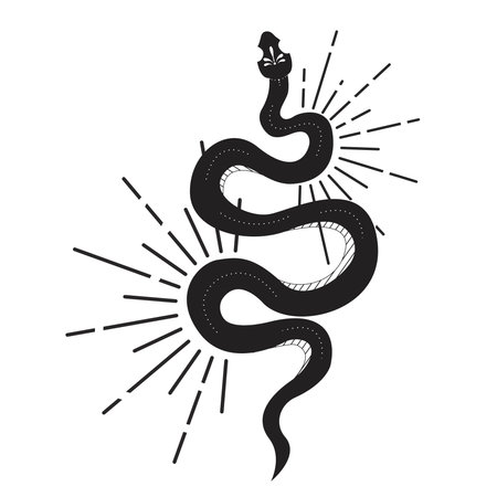 Celestial serpent snake, esoteric tarot or tattoo mystery sacred symbol. Linocut style boho....