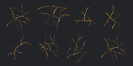 Kintsugi gold simple break lines, asian geaometric crackle. Surface with crack print, effect. Moderm cover golden broken texture.のイラスト素材